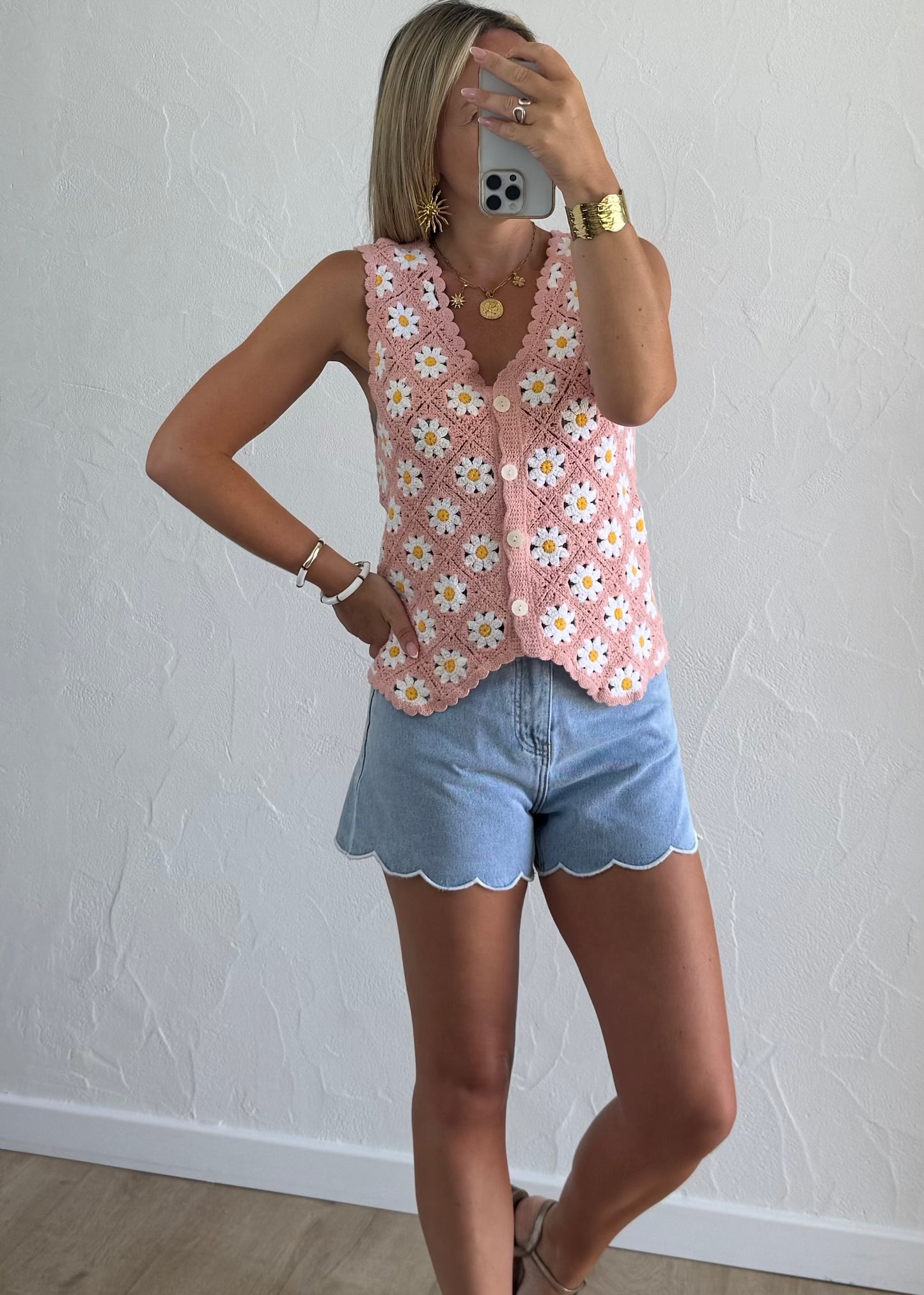 Top en crochet rose