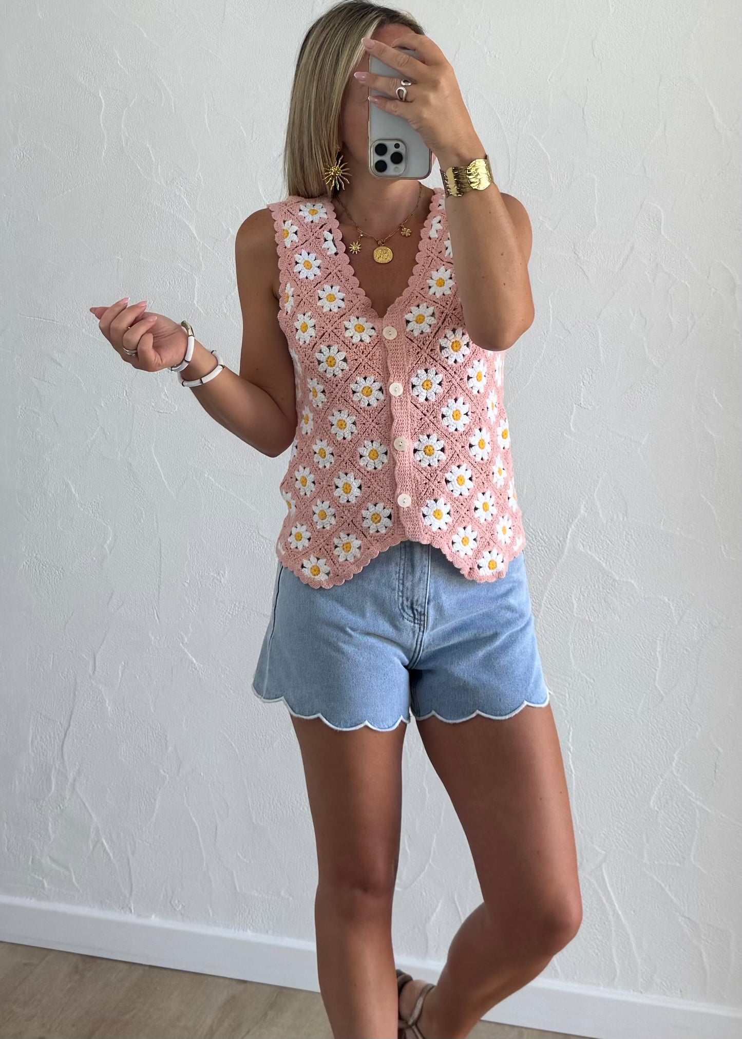 Top en crochet rose