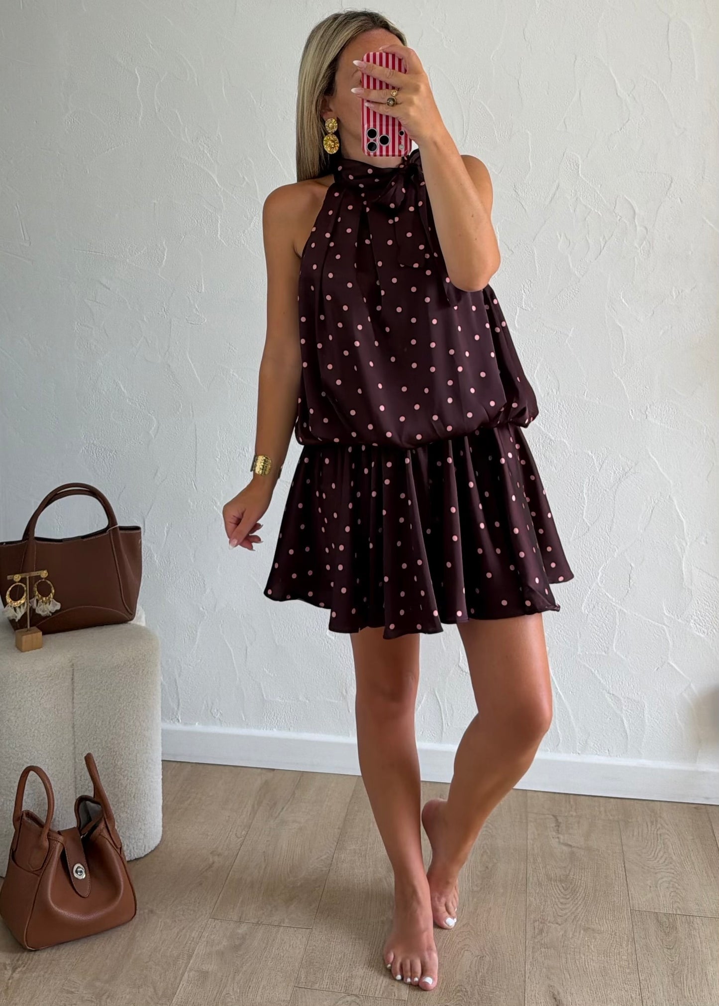 Robe TINA bordeaux à pois roses