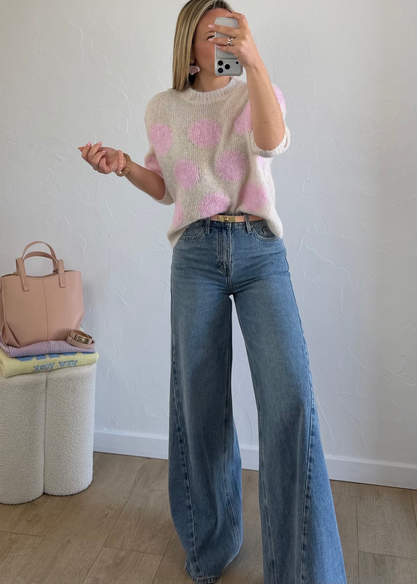 Pull à pois rose&écru