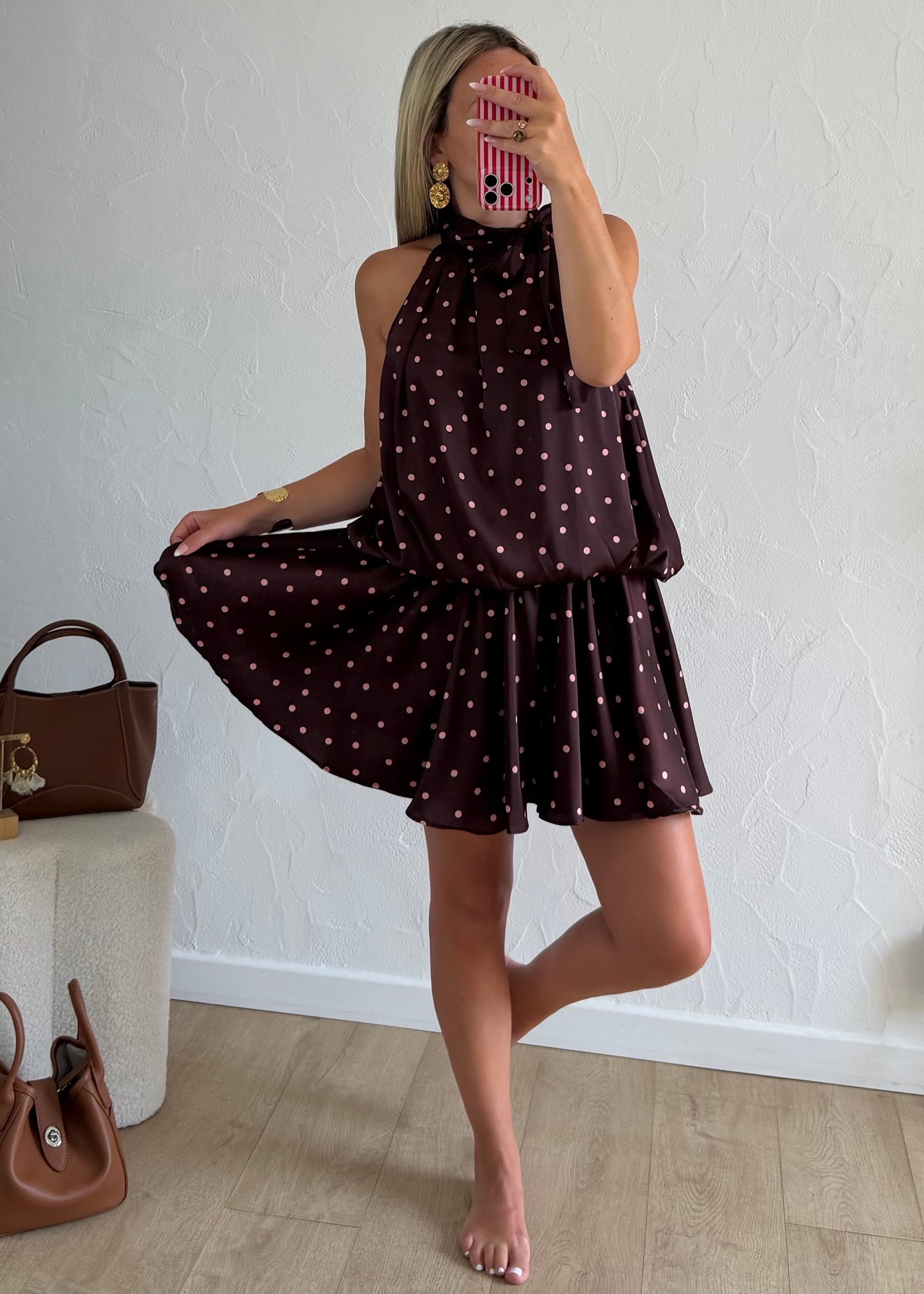 Robe TINA bordeaux à pois roses