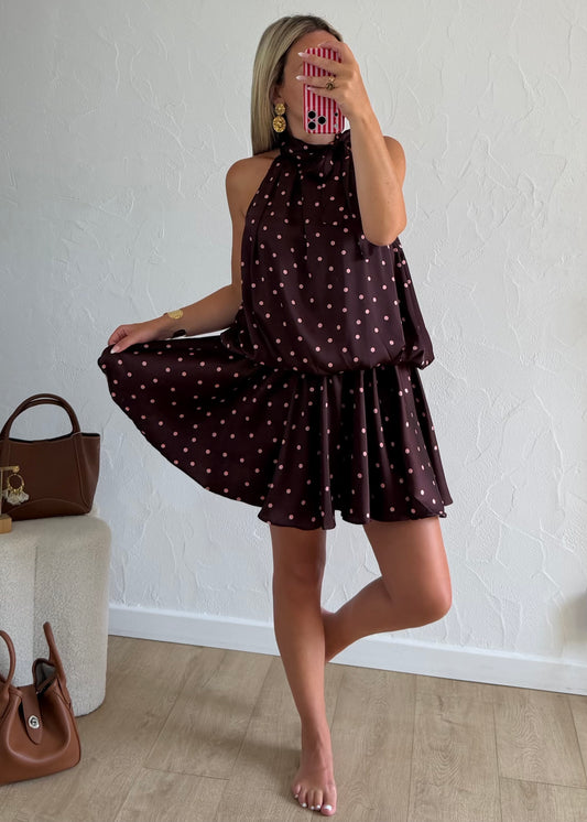 Robe TINA bordeaux à pois roses