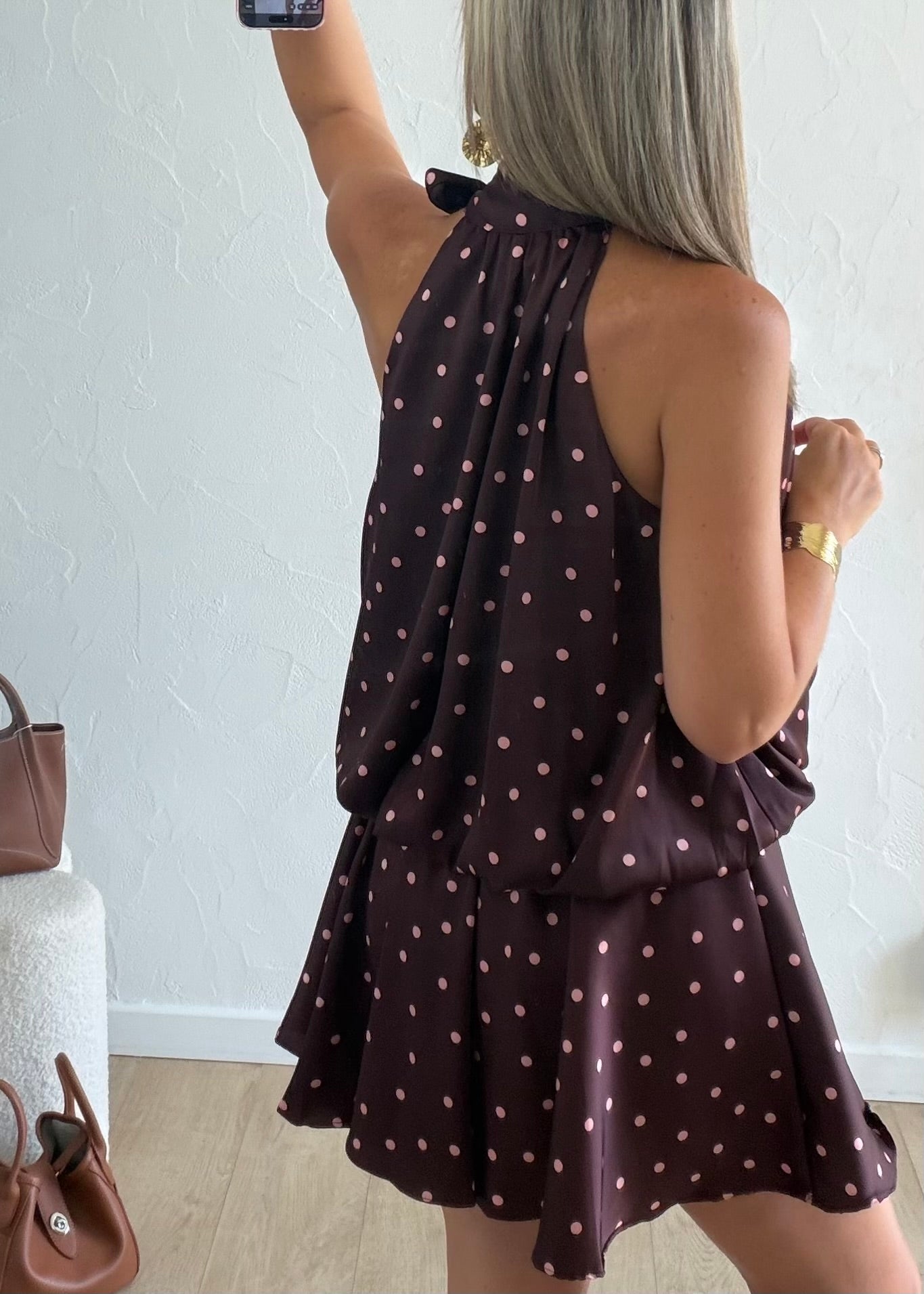 Robe TINA bordeaux à pois roses
