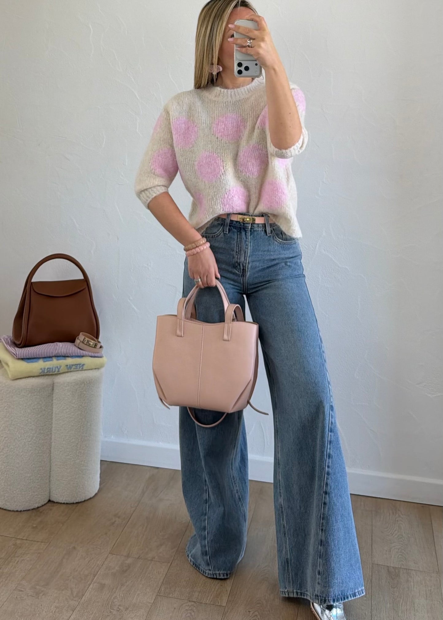 Pull à pois rose&écru