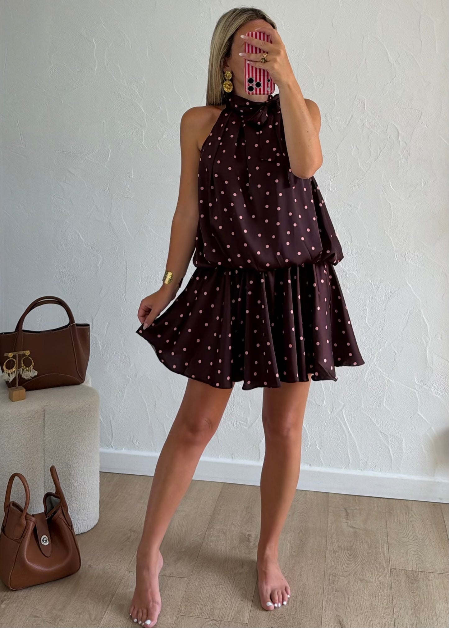 Robe TINA bordeaux à pois roses