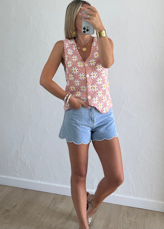 Top en crochet rose