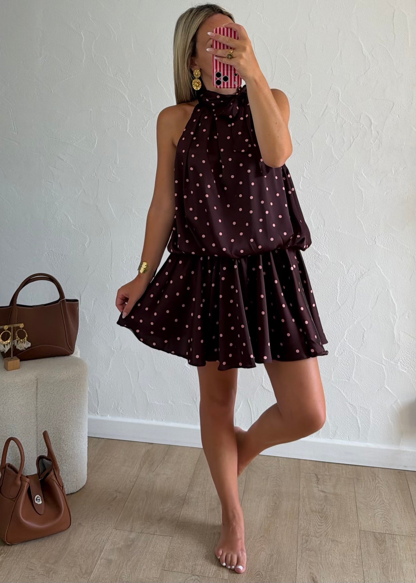 Robe TINA bordeaux à pois roses