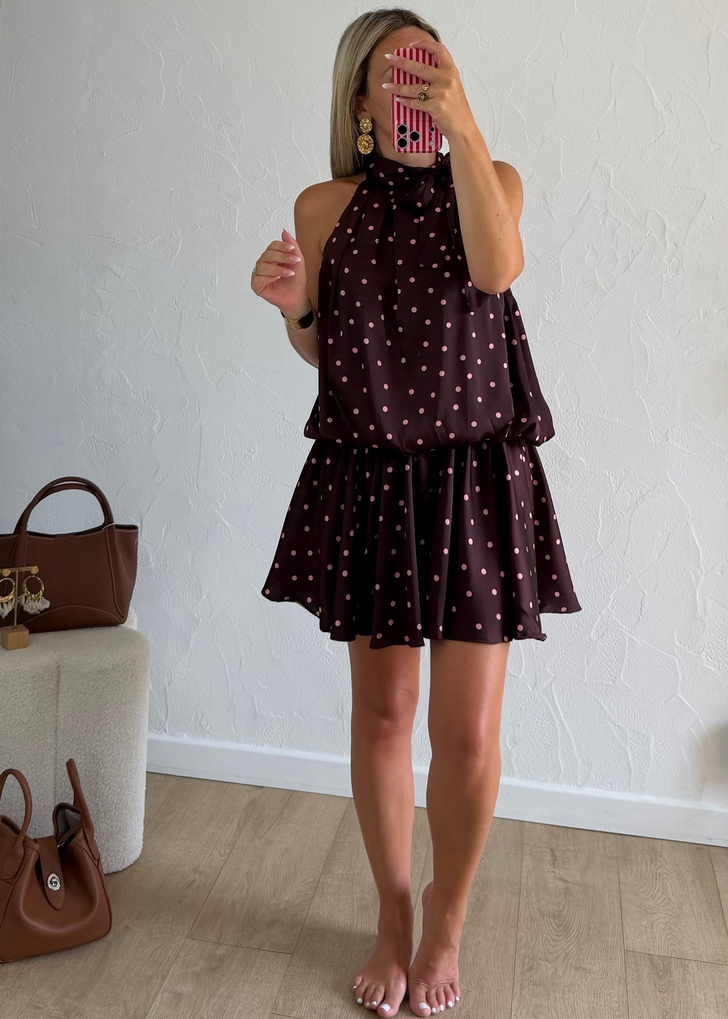 Robe TINA bordeaux à pois roses