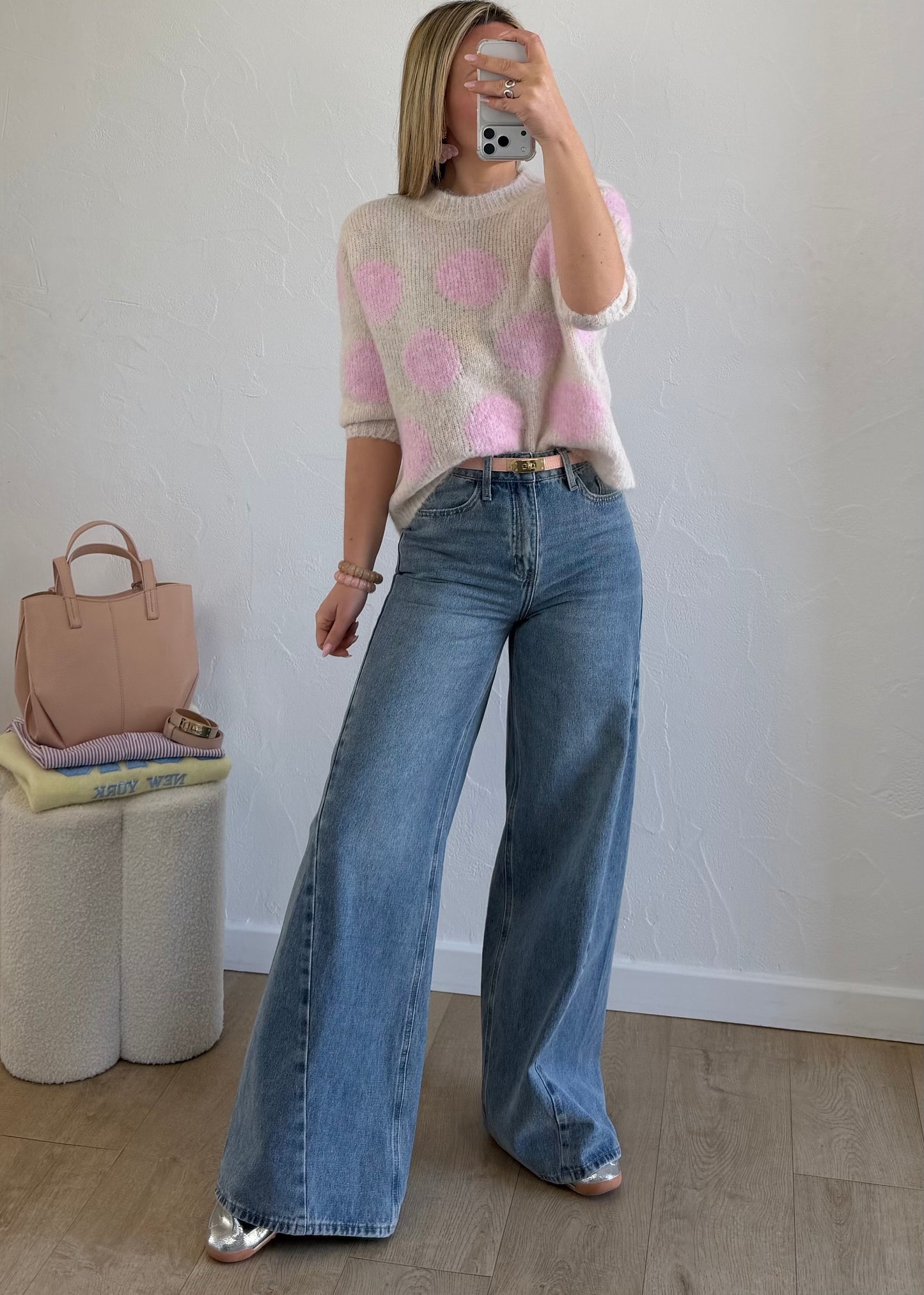 Pull à pois rose&écru