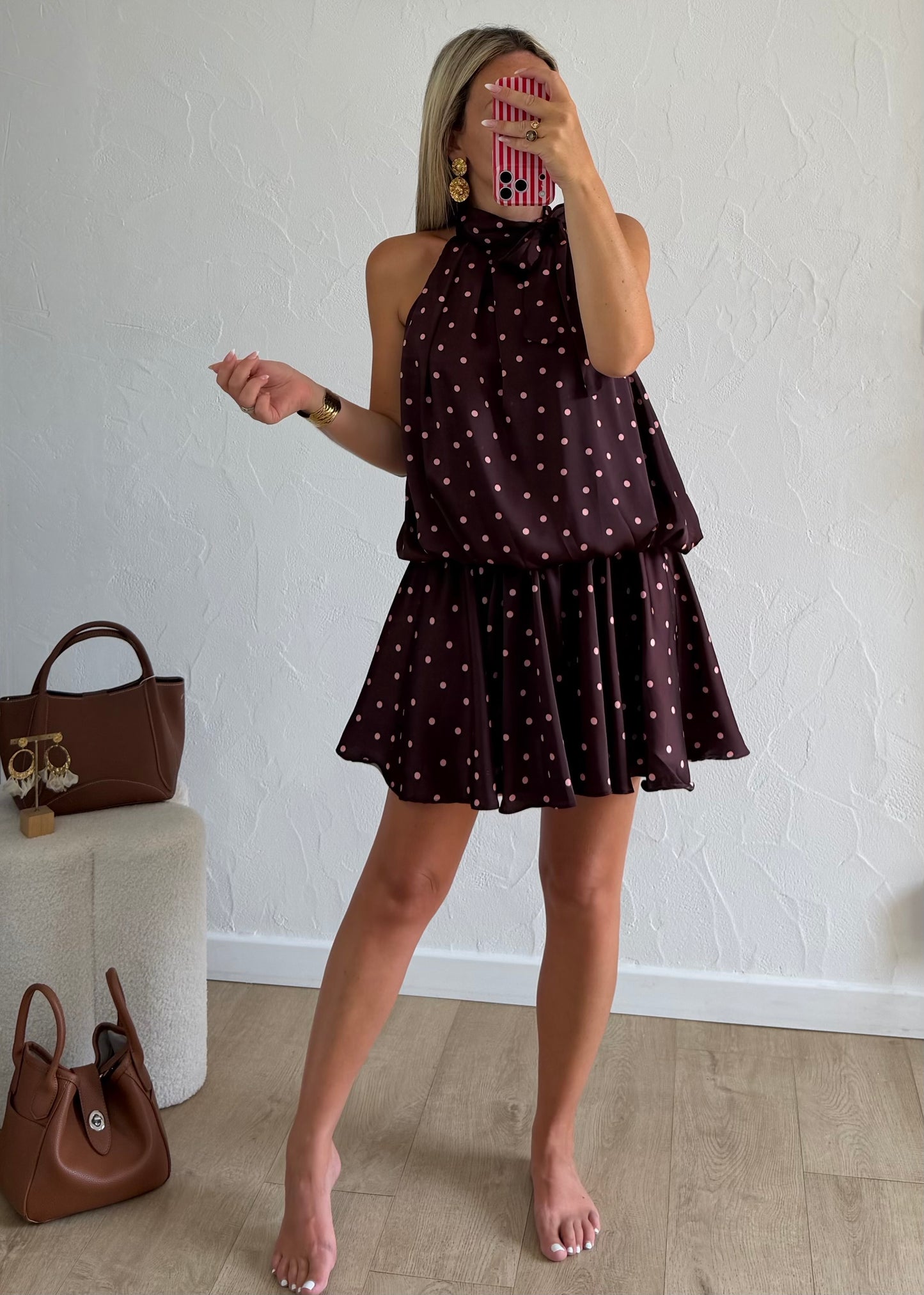 Robe TINA bordeaux à pois roses