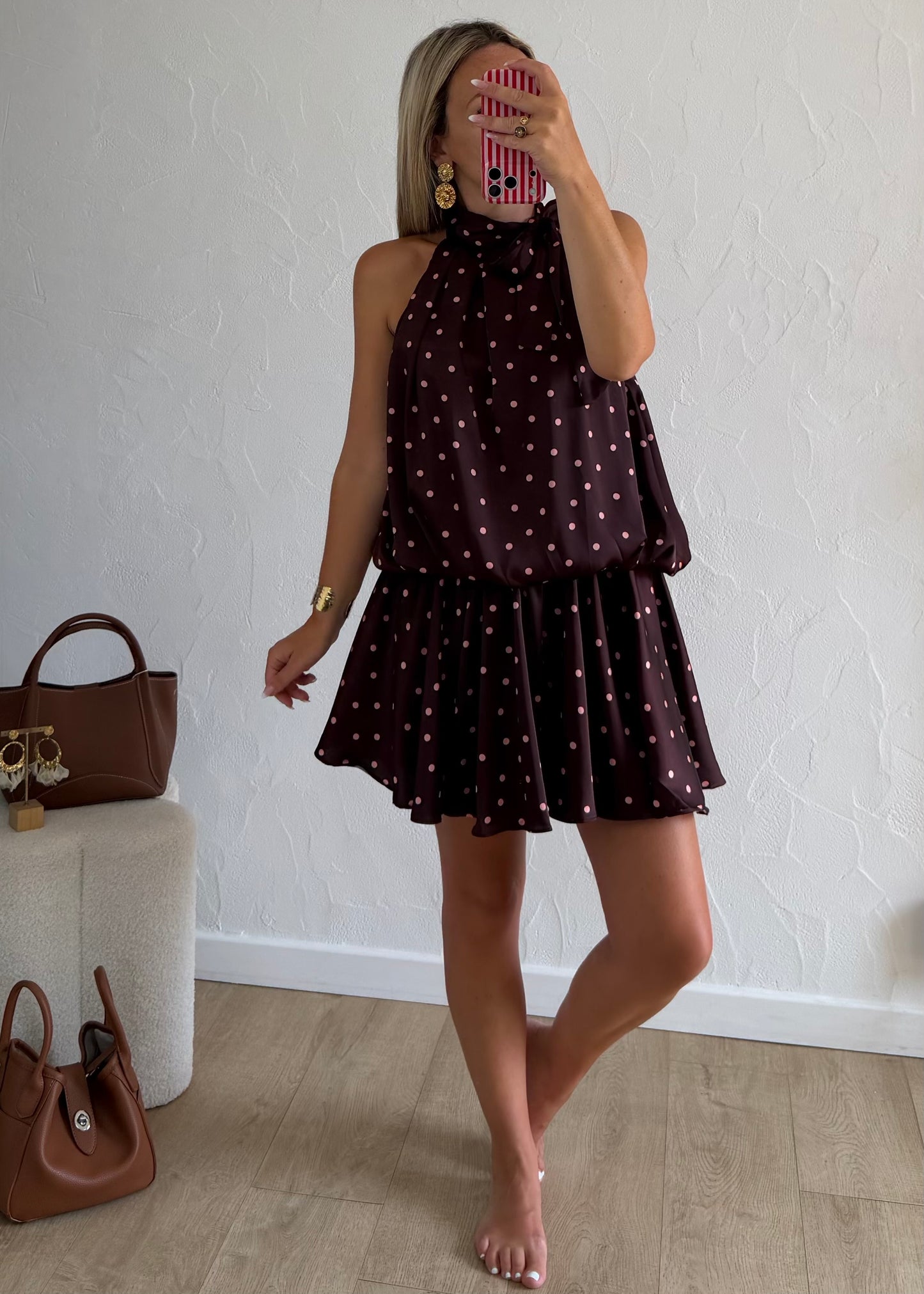 Robe TINA bordeaux à pois roses