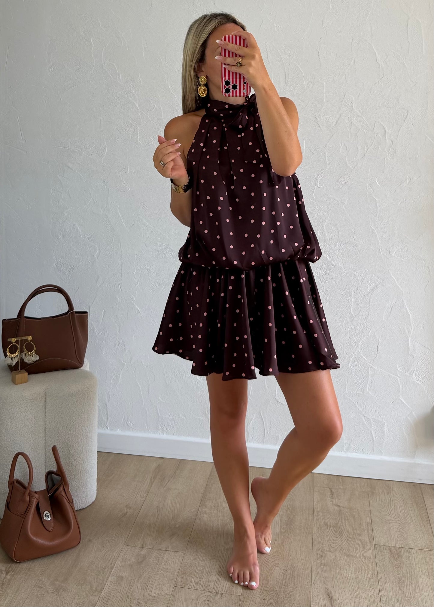 Robe TINA bordeaux à pois roses