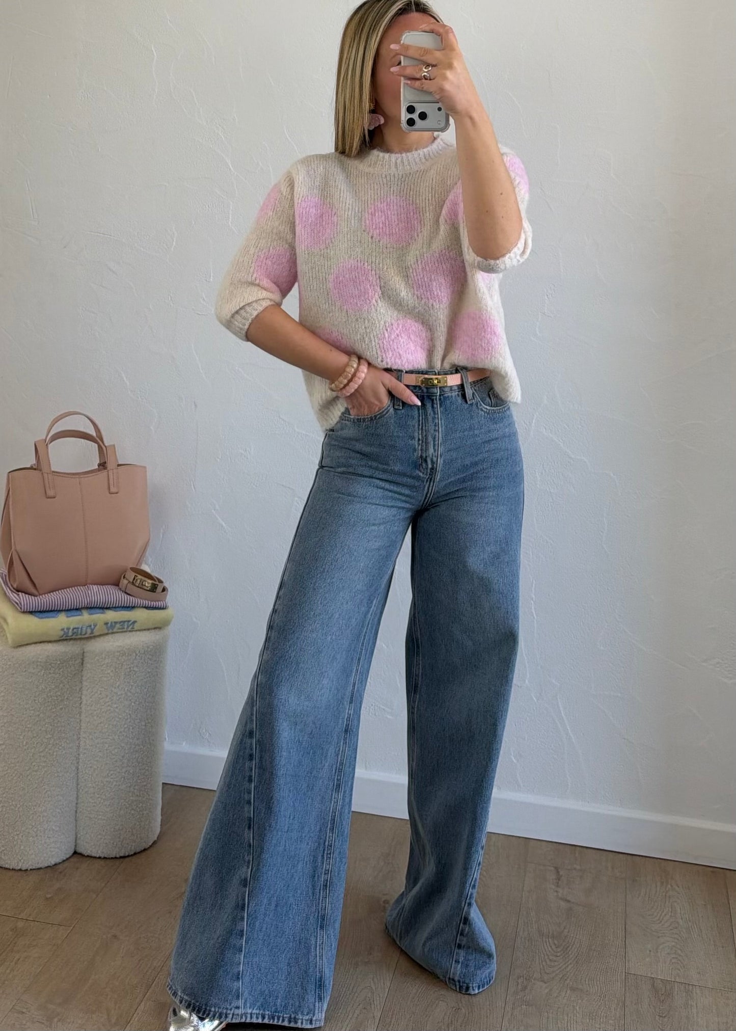 Pull à pois rose&écru