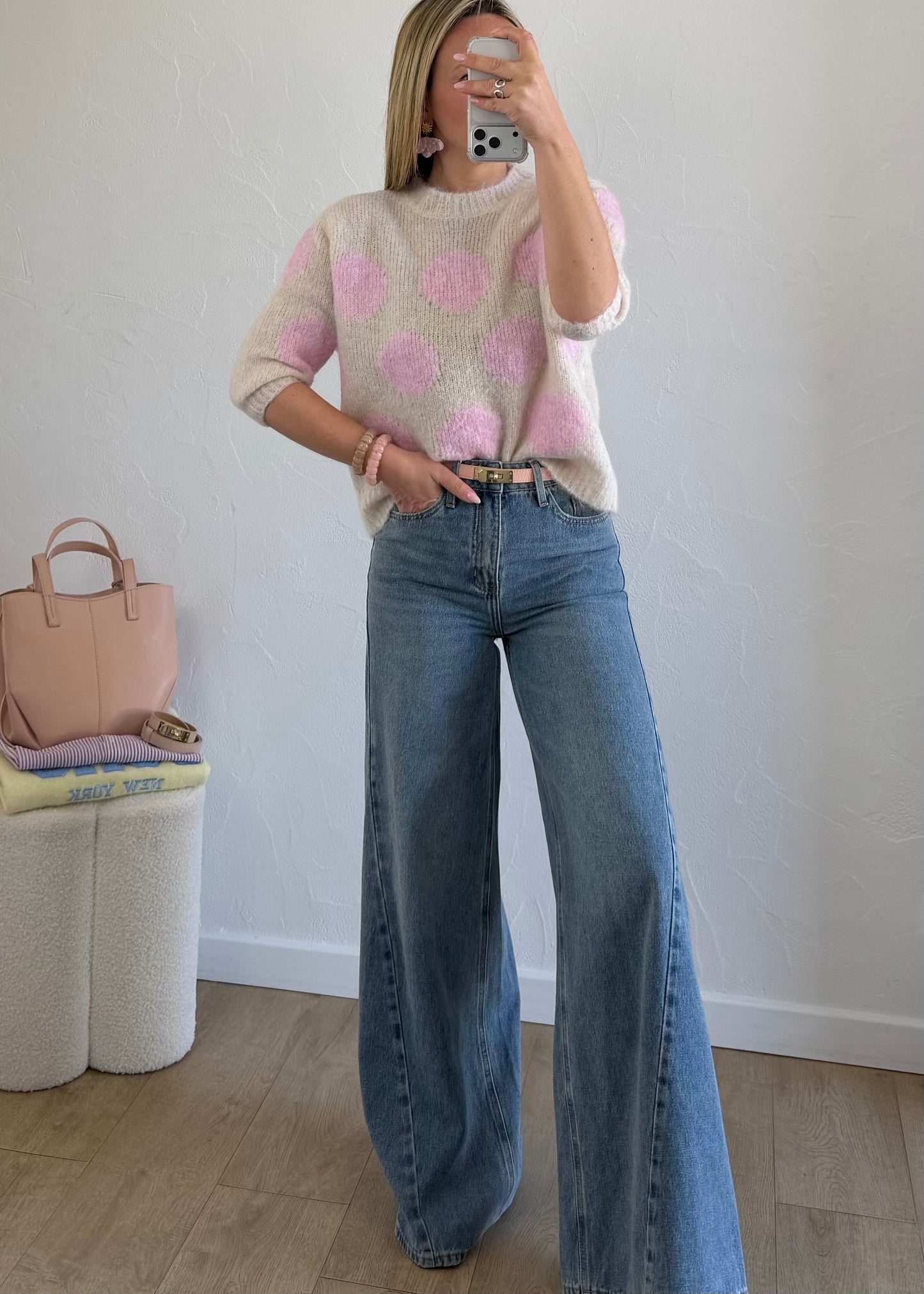 Pull à pois rose&écru