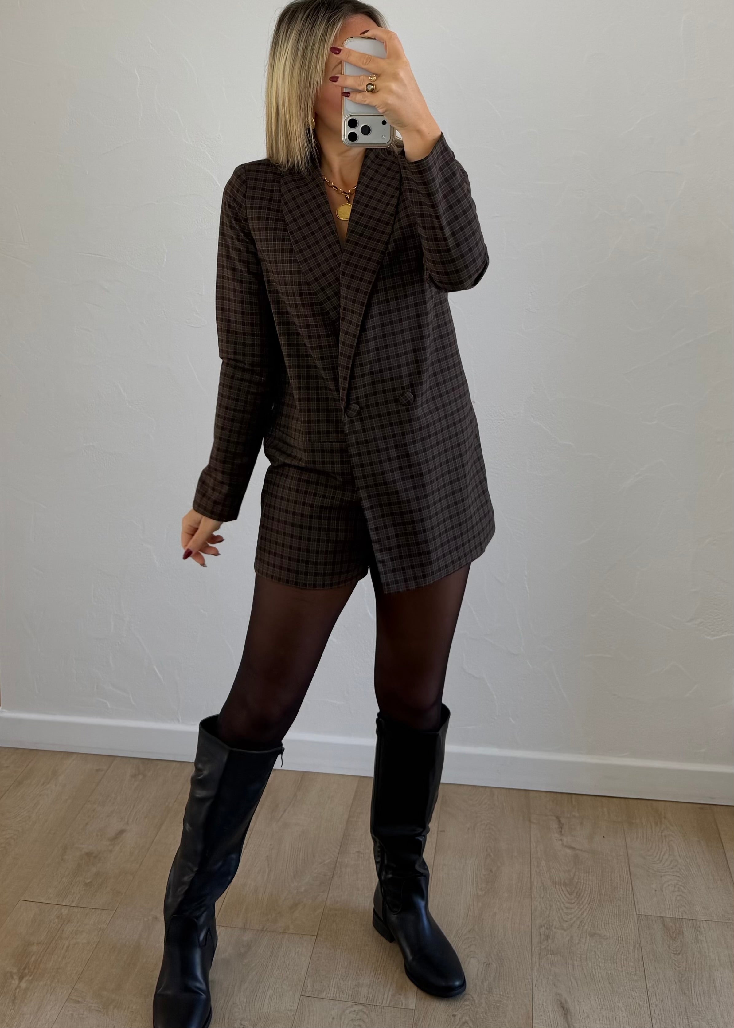 Combishort Lina marron à carreaux
